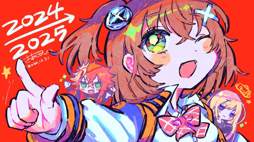 2024, 2025, 3girls, ;d, ai_(denonbu), arrow_(symbol), blonde_hair, brown_hair