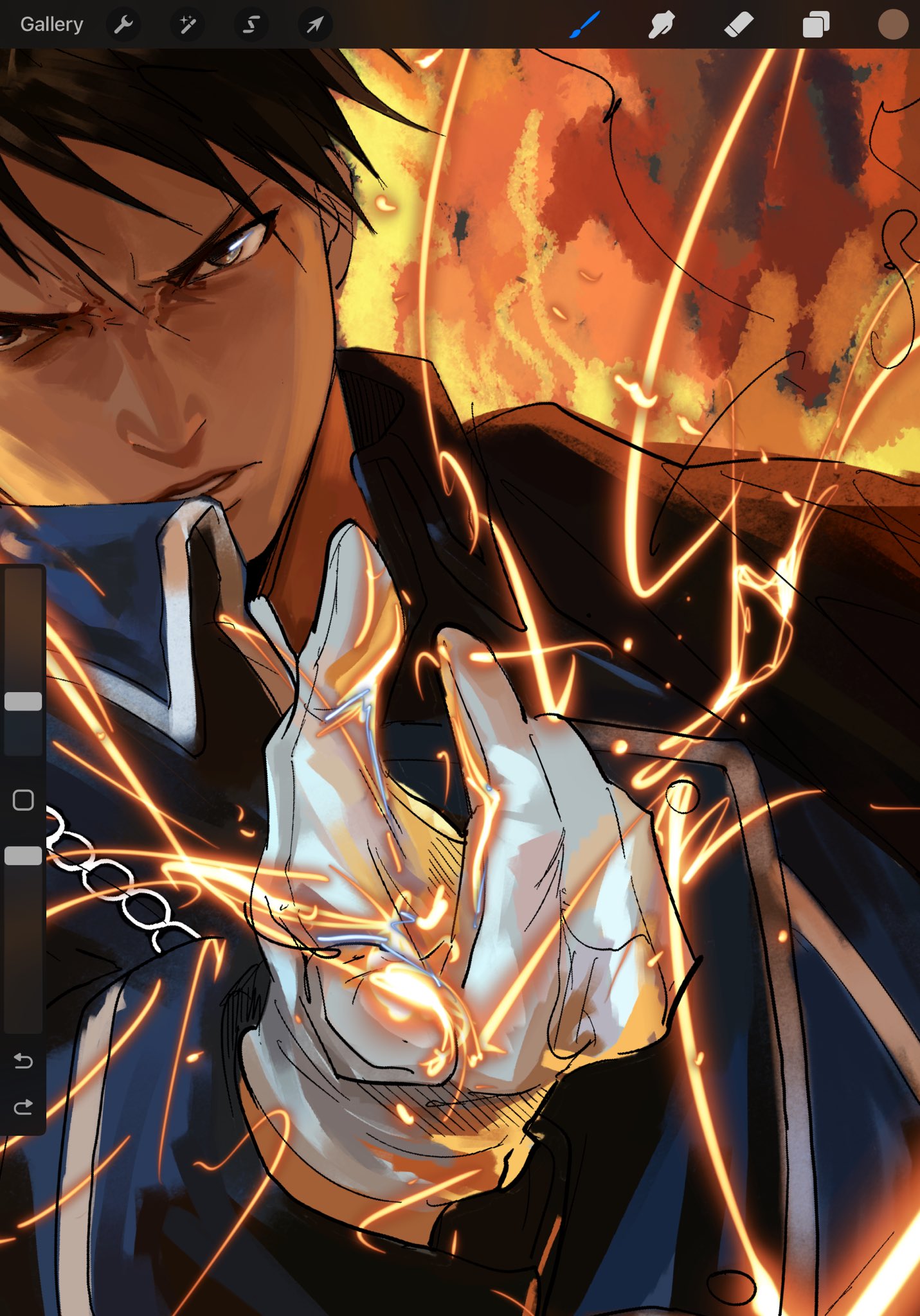 1boy, alchemy, black_hair, fire, fullmetal_alchemist, furrowed_brow, gloves, hair_between_eyes