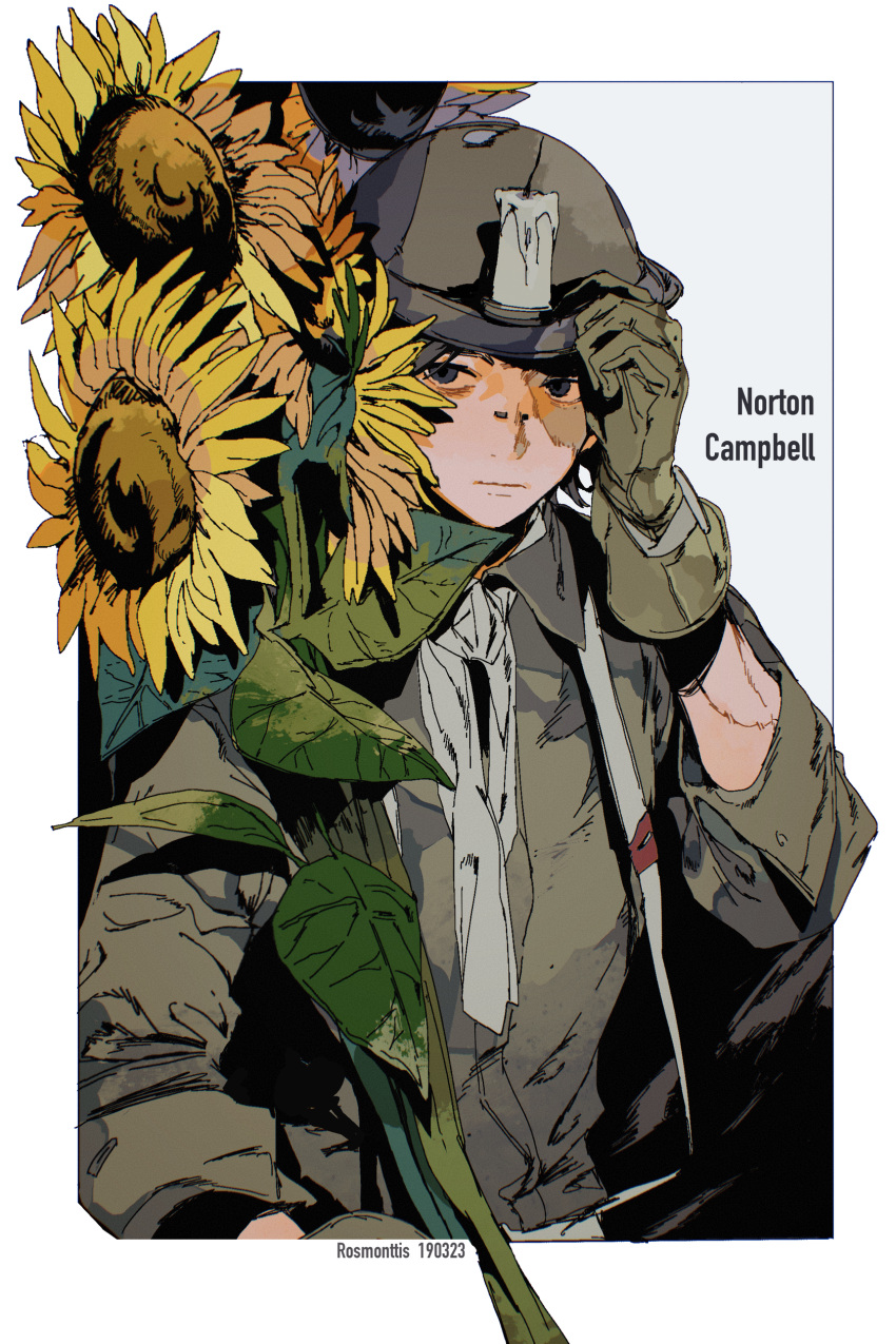 1boy, absurdres, black_eyes, black_hair, brown_gloves, burn_scar, candle, flower, gloves, green_shirt, hat, highres, identity_v, neckerchief, non-web_source, norton_campbell, scar, shirt, shusezi, sunflower, white_neckerchief