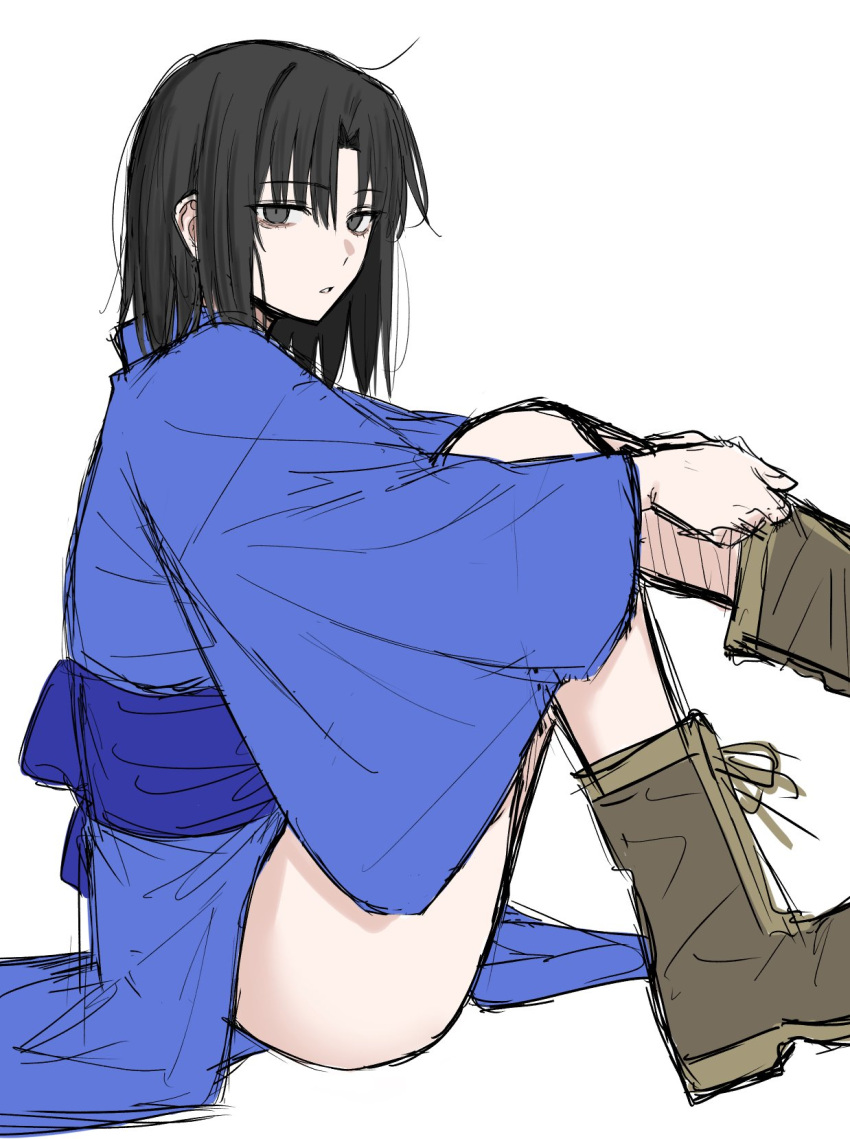 1girl, black_eyes, black_hair, blue_kimono, boots, egomeshi, full_body, highres