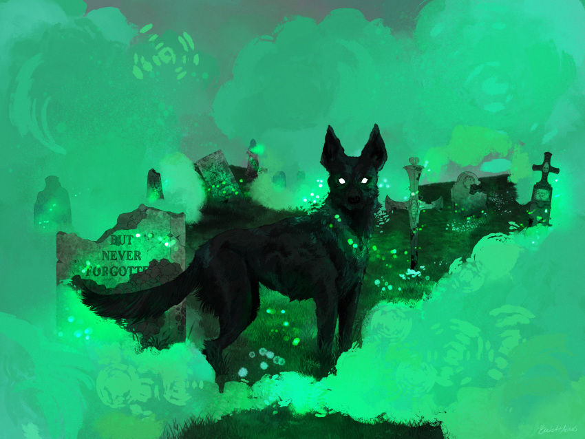 abandoned, animal, animal_focus, black_dog, black_fur, blank_eyes, closed_mouth, commentary, cross, dandelion, dog, english_commentary, english_text, fantasy, flower, fog, foxbirdy, full_body, glowing, grass, graveyard, green_clouds, green_light, green_theme, grey_sky, highres, hill, horror_(theme), light_particles, looking_at_viewer, monochrome, no_humans, original, outdoors, scenery, signature, skull, sky, standing, tombstone, white_eyes
