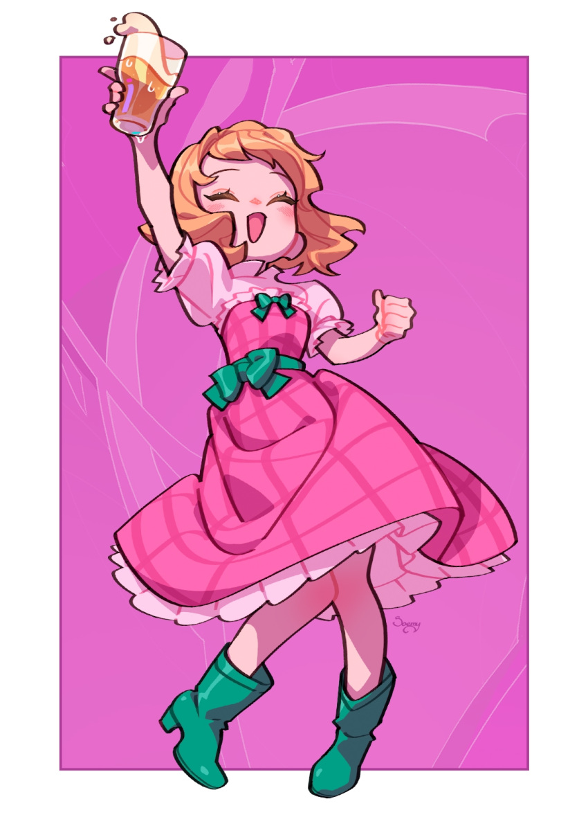 1girl, :d, akihabara_beer_fair, alcohol, beer, beer_mug, beerko, blonde_hair