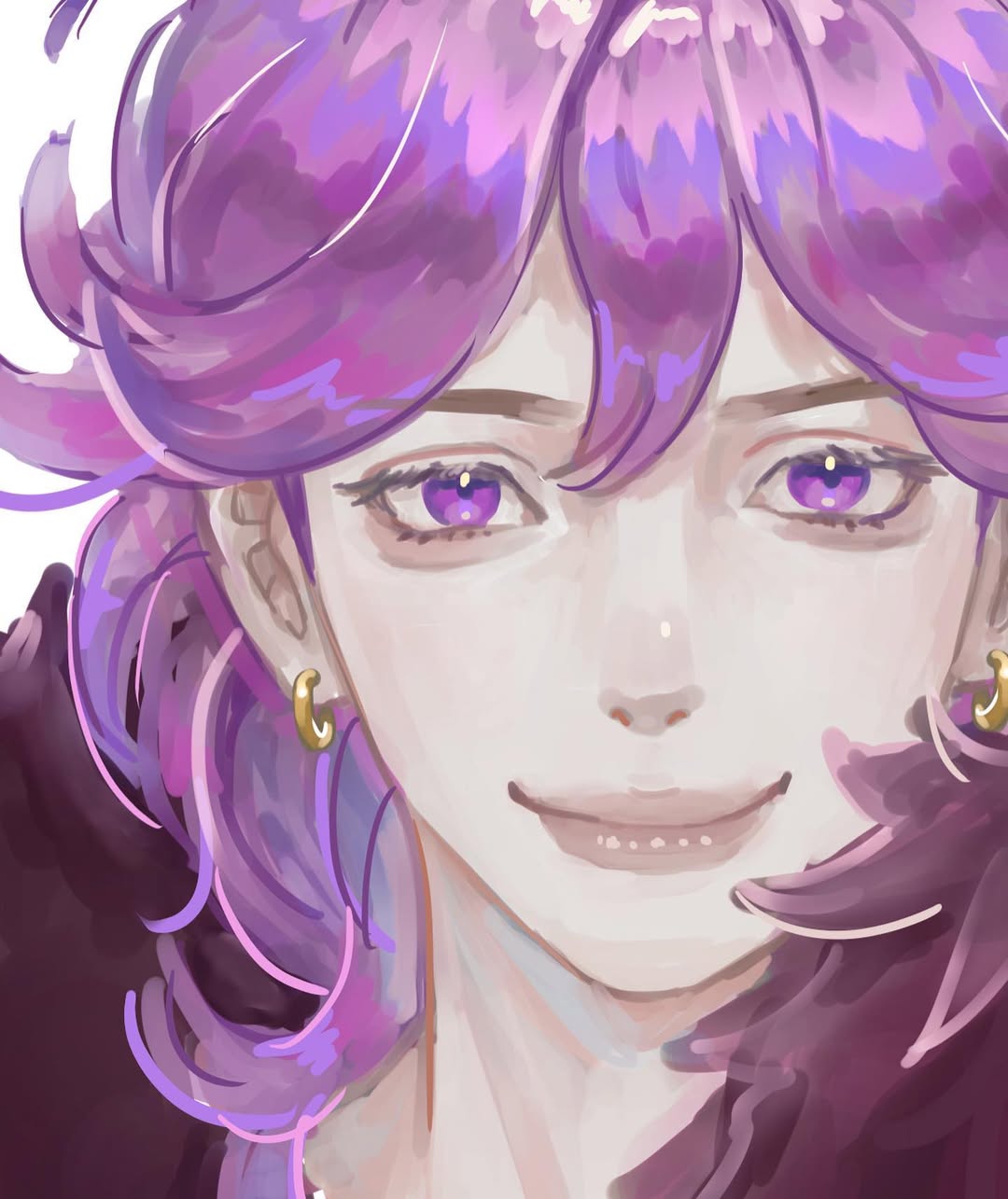 1boy, close-up, closed_mouth, coat, commentary, earrings, fur-trimmed_coat, fur_trim