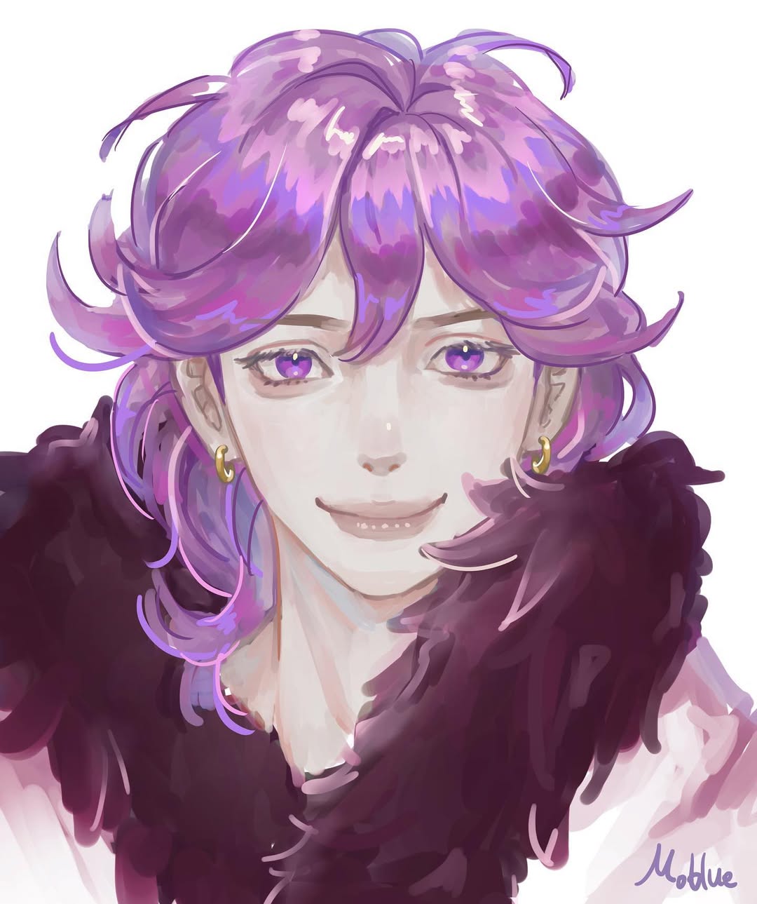 1boy, artist_name, closed_mouth, coat, commentary, earrings, fur-trimmed_coat, fur_trim