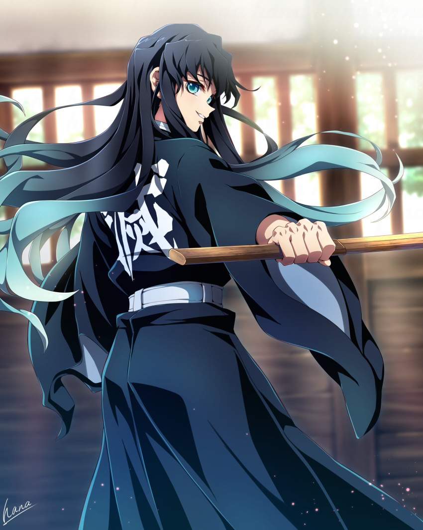 1boy, aqua_eyes, aqua_hair, architecture, belt, black_hair, black_hakama, black_jacket, bokken, east_asian_architecture, from_behind, hakama, hakama_pants, hana_ni_nare, highres, holding, holding_sword, holding_weapon, indoors, jacket, japanese_clothes, kimetsu_no_yaiba, long_hair, looking_at_viewer, looking_back, male_focus, multicolored_hair, pants, parted_lips, signature, smile, solo, sword, tokitou_muichirou, weapon, white_belt, wooden_sword