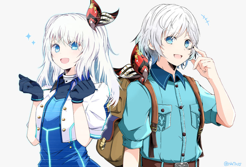 1boy, 1girl, aqua_shirt, backpack, bag, black_gloves, blue_eyes, blue_shirt, breasts, brown_bag, chadley_(ff7), collared_shirt, cropped_jacket, dual_persona, final_fantasy, final_fantasy_vii, final_fantasy_vii_rebirth, final_fantasy_vii_remake, gloves, hair_ribbon, jacket, long_hair, mai_(ff7), medium_breasts, monochrome, nanao_(zonzonsh), neckerchief, open_mouth, print_neckerchief, print_ribbon, ribbon, shirt, short_hair, smile, twintails, twitter_username, upper_body, white_hair, white_jacket