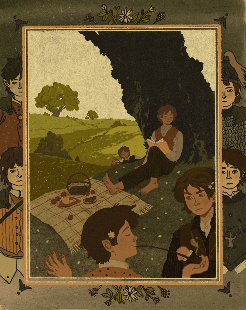 4boys, analogous_colors, armor, barefoot, black_shirt, book, border, brown_border