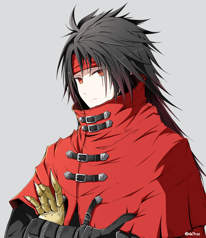 1boy, black_gloves, black_hair, border, clawed_gauntlets, cloak, closed_mouth, crossed_arms