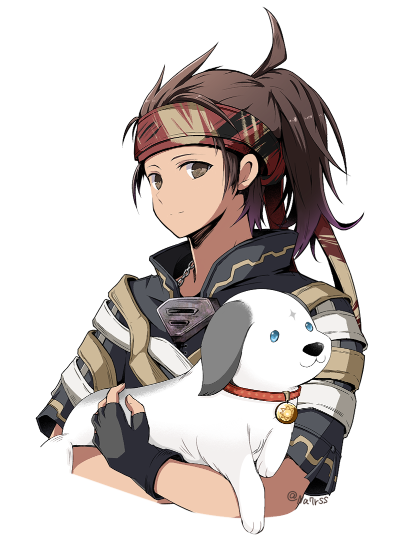 1boy, animal, animal_collar, black_gloves, black_jacket, blue_eyes, brown_eyes, brown_hair