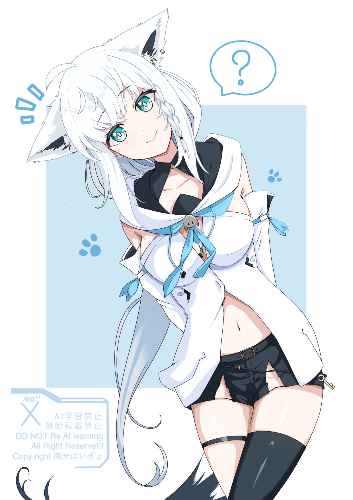 ahoge, animal_ear_fluff, animal_ear_piercing, animal_ears, aqua_eyes, bare_shoulders, black_shorts, black_tail