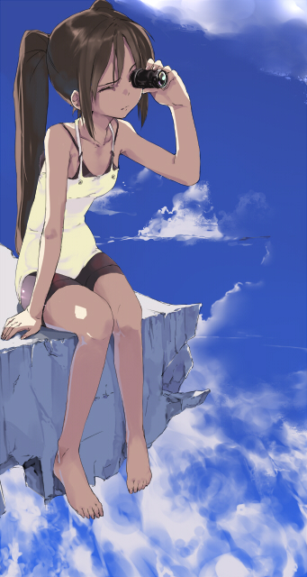 barefoot, brown_hair, cloud, clouds, feet, flat_chest, long_hair, monocular, nyora_(soredemosekai), original, shorts, sitting, ski, sky, solo, telescope, twintails