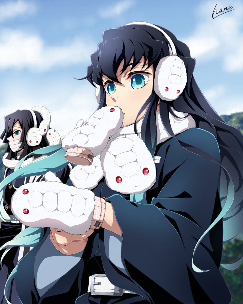 2boys, animal, animal_around_neck, animal_earmuffs, animal_scarf, aqua_eyes, aqua_hair, bandage_on_face