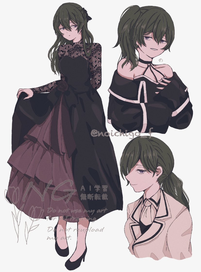 animal_ears, ascot, black_dress, black_footwear, clothes_lift, dress, dress_lift, grey_hair, hair_between_eyes, hair_over_one_eye, high_heels, horse_ears, jacket, lace_dress, layered_dress, leather, leather_jacket, long_hair, looking_at_viewer, noichigo_f, off-shoulder_dress, off_shoulder, parted_lips, see-through_clothes, see-through_dress, shirt, side_ponytail, simple_background, sleeves_past_wrists, smile, sousou_no_frieren, twitter_username, ubel_(sousou_no_frieren), violet_eyes, watermark, white_ascot, white_background, white_shirt