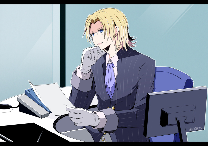 1boy, ascot, black_border, blonde_hair, blue_ascot, blue_eyes, border, chair