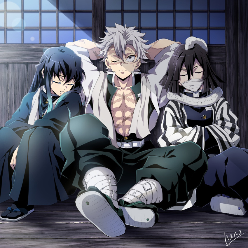 3boys, abs, animal_around_neck, aqua_hair, bandage_on_face, bandages, bandages_over_mouth, belt
