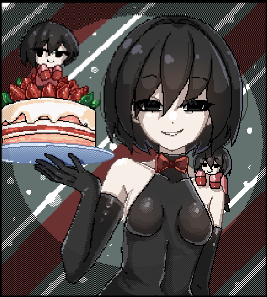 1girl, absurdres, bare_shoulders, black_eyes, black_gloves, black_hair, black_leotard, bob_cut