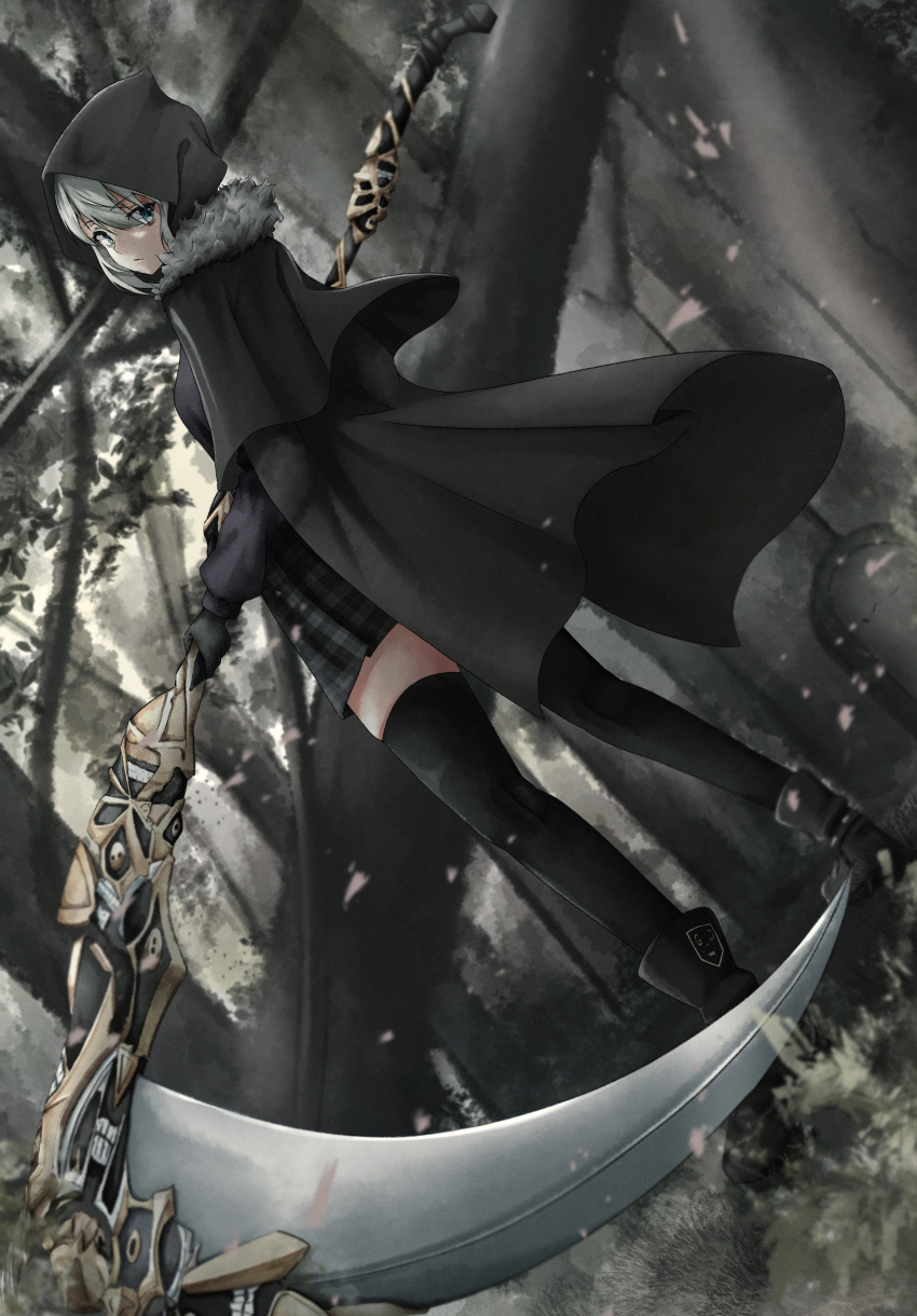 1girl, absurdres, black_cloak, black_footwear, black_gloves, black_skirt, black_thighhighs, cloak