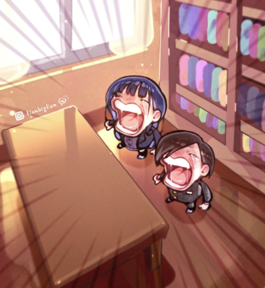1boy, 1girl, artist_name, boku_no_kokoro_no_yabai_yatsu, brown_hair, chopper_crying_(meme), crying, hair_over_one_eye