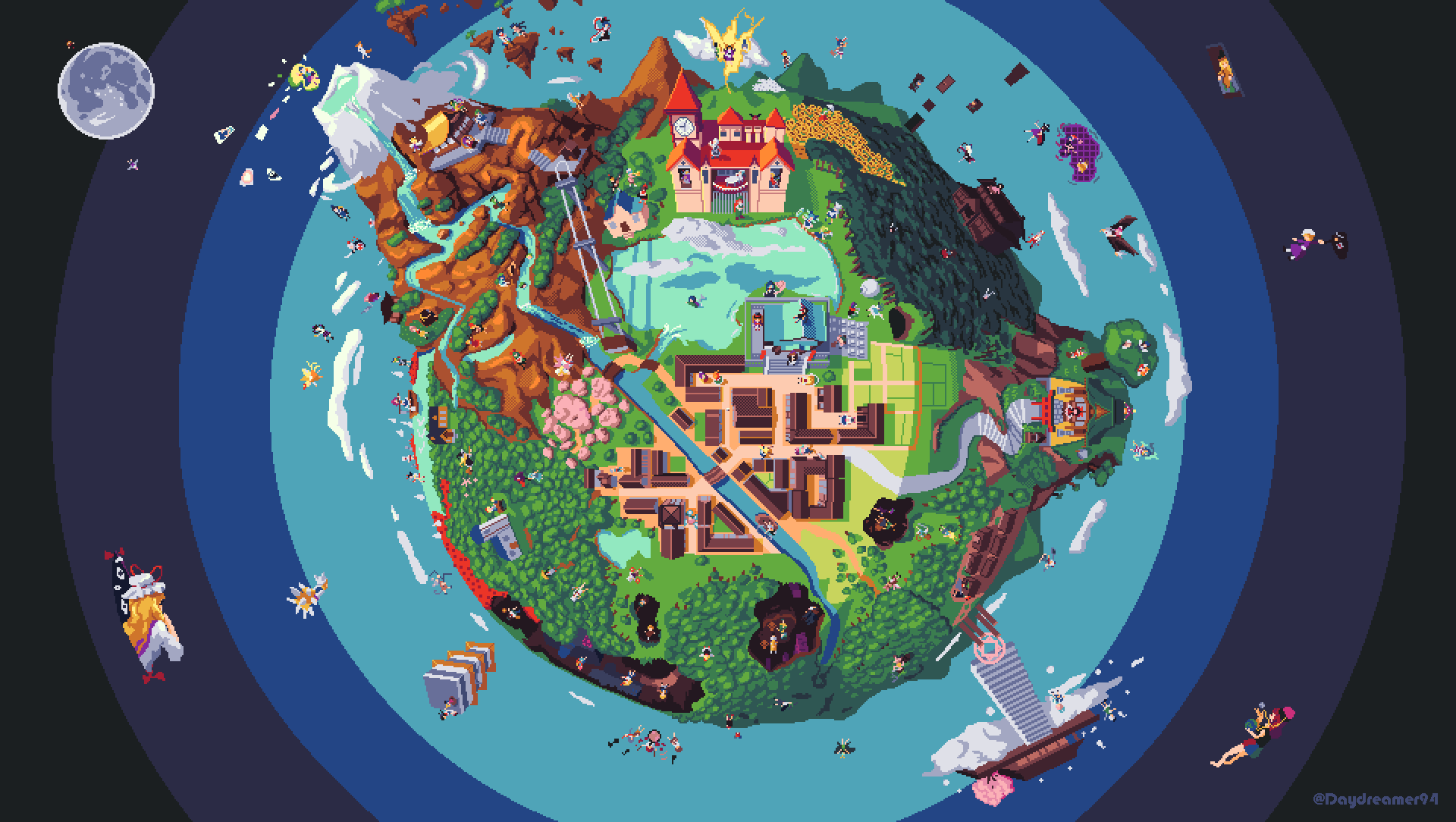 6+girls, aki_minoriko, aki_shizuha, alice_margatroid, annotation_request, boat, building, character_request, chen, cirno, clouds, clownpiece, commentary, daiyousei, daydream_stream, door, doremy_sweet, dowsing_rod, drum, drumsticks, ebisu_eika, english_commentary, eternity_larva, flandre_scarlet, flower, forest, forest_of_magic, fujiwara_no_mokou, futatsuiwa_mamizou, gap_(touhou), globe, hakugyokurou, hakurei_reimu, hakurei_shrine, haniyasushin_keiki, hecatia_lapislazuli, hieda_no_akyuu, highres, hijiri_byakuren, himekaidou_hatate, himemushi_momoyo, hinanawi_tenshi, holding, holding_drumsticks, holding_scythe, hong_meiling, horikawa_raiko, hoshiguma_yuugi, houjuu_nue, human_village_(touhou), ibaraki_kasen, iizunamaru_megumu, imaizumi_kagerou, inaba_tewi, instrument, inubashiri_momiji, izayoi_sakuya, joutouguu_mayumi, kaenbyou_rin, kagiyama_hina, kaku_seiga, kamishirasawa_keine, kasodani_kyouko, kawashiro_nitori, kazami_yuuka, kicchou_yachie, kijin_seija, kirisame_marisa, kisume, koakuma, kochiya_sanae, komano_aunn, komeiji_koishi, konpaku_youmu, konpaku_youmu_(ghost), kudamaki_tsukasa, kume_(touhou), kumoi_ichirin, kurodani_yamame, kurokoma_saki, lake, lily_white, luna_child, lunasa_prismriver, lyrica_prismriver, maribel_hearn, matara_okina, medicine_melancholy, merlin_prismriver, mitsugashira_enoko, miyadeguchi_mizuchi, miyako_yoshika, mizuhashi_parsee, mononobe_no_futo, moon, moriya_shrine, moriya_suwako, motoori_kosuzu, mountain, multiple_girls, murasa_minamitsu, musical_note, myouren_temple, mystia_lorelei, nagae_iku, nature, nazrin, nippaku_zanmu, nishida_satono, niwatari_kutaka, okunoda_miyoi, on_boat, onozuka_komachi, patchouli_knowledge, pixel_art, reisen_udongein_inaba, reiuji_utsuho, remilia_scarlet, river, saigyouji_yuyuko, scarlet_devil_mansion, scythe, seiran_(touhou), sekibanki, shanghai_doll, shiki_eiki, shining_needle_castle, siblings, sisters, soga_no_tojiko, son_biten, star_sapphire, sukuna_shinmyoumaru, sunflower, sunny_milk, tamatsukuri_misumaru, teireida_mai, tenkyuu_chimata, toramaru_shou, torii, touhou, toutetsu_yuuma, toyosatomimi_no_miko, tree, tsukumo_benben, tsukumo_yatsuhashi, twitter_username, unzan, usami_renko, usami_sumireko, ushizaki_urumi, wakasagihime, water, watercraft, wriggle_nightbug, yagokoro_eirin, yakumo_ran, yakumo_yukari, yamashiro_takane, yasaka_kanako, yatadera_narumi, yellow_flower, yomotsu_hisami, yorigami_jo'on, yorigami_shion, youkai_mountain