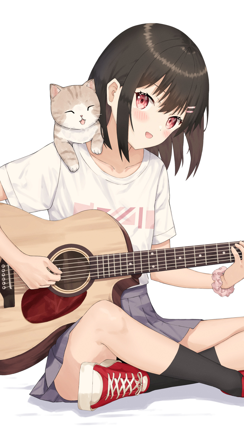 1girl, absurdres, animal_on_shoulder, ankle_socks, black_socks, blush, bob_cut, brown_hair, cat, commentary_request, dot_nose, foot_out_of_frame, grey_skirt, guitar, hair_ornament, hairclip, highres, holding, holding_guitar, holding_instrument, indian_style, instrument, iro_haruno, looking_at_viewer, music, open_mouth, original, pink_eyes, pink_scrunchie, playing_instrument, pleated_skirt, red_footwear, scrunchie, shirt, shoes, short_sleeves, simple_background, sitting, skirt, sneakers, socks, solo, t-shirt, white_background, white_shirt, wrist_scrunchie