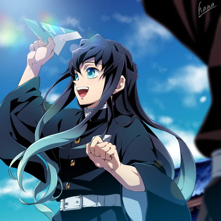 1boy, aqua_eyes, aqua_hair, belt, belt_buckle, black_hair, blue_sky, buckle