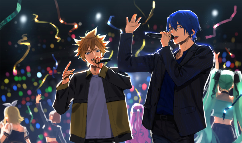 2boys, 4girls, arm_up, belt, belt_buckle, black_belt, black_jacket, black_ribbon