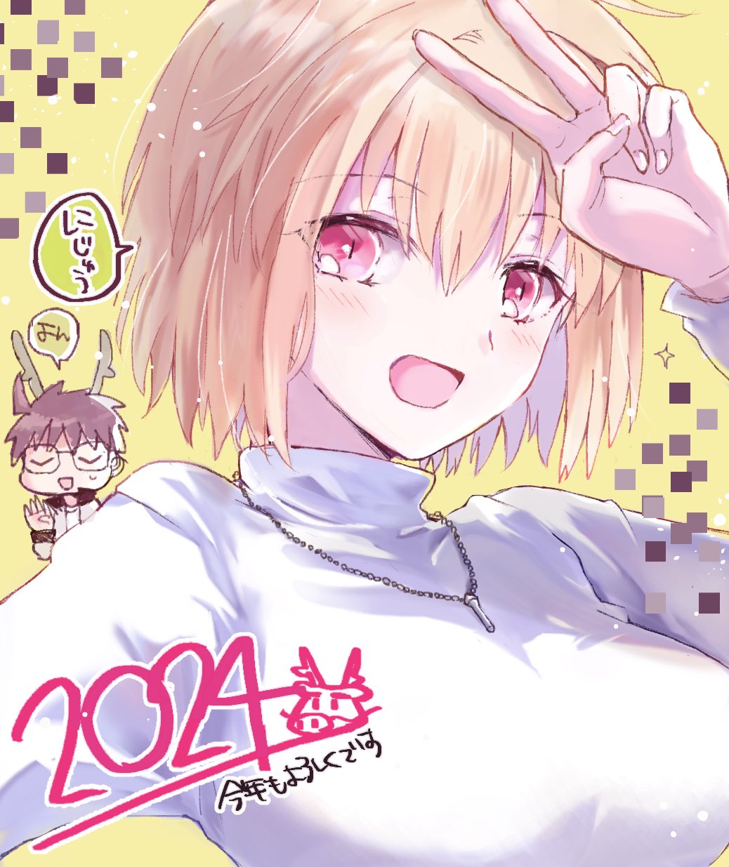 2024, arcueid_brunestud, blonde_hair, breasts, chinese_zodiac, highres, jewelry, large_breasts