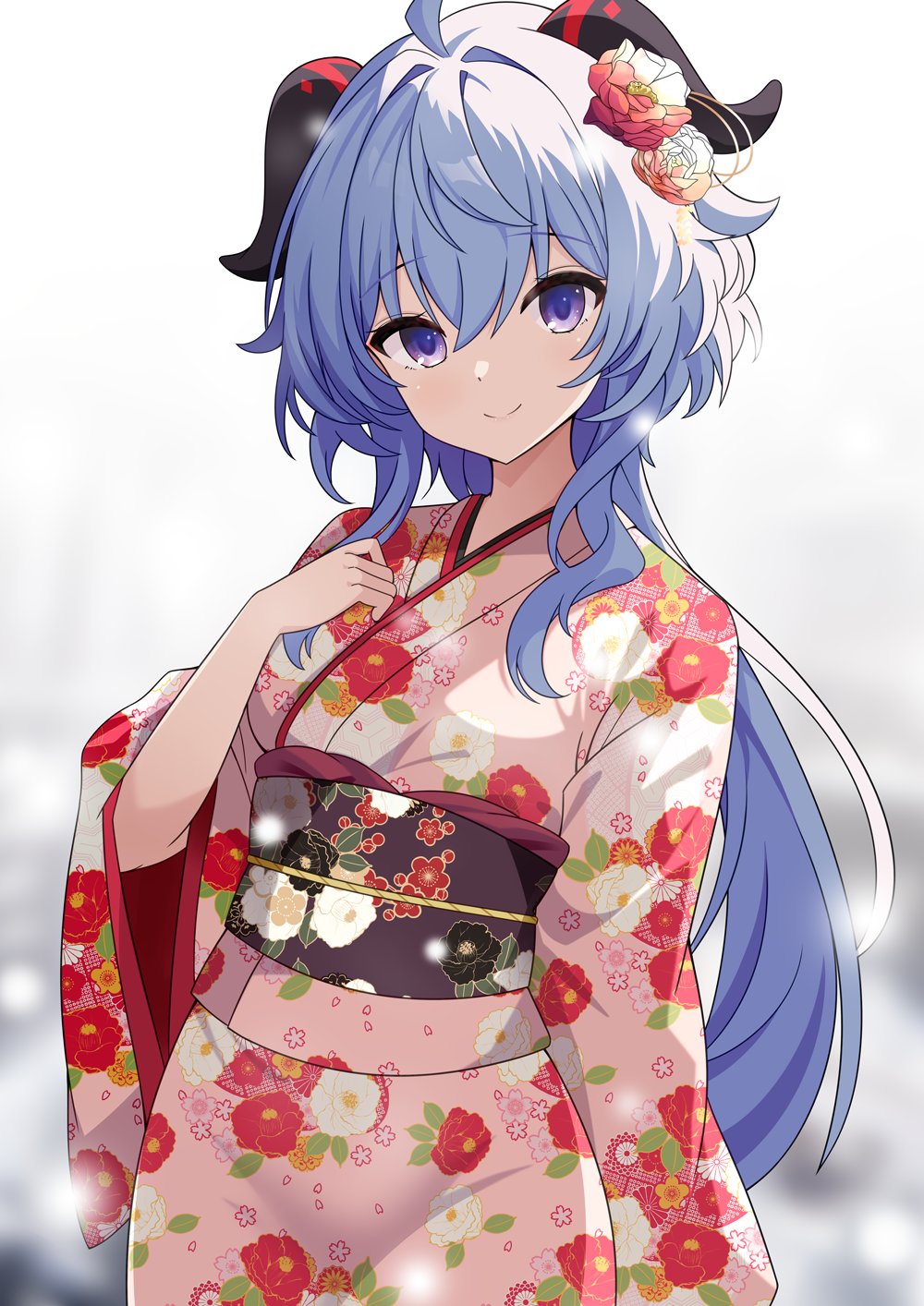 1girl, ahoge, alternate_costume, black_sash, blue_hair, closed_mouth, commentary_request, floral_print