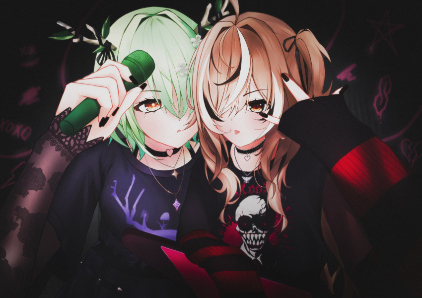2girls, absurdres, ahoge, antler_ribbon, antlers, black_choker, black_hair, black_nails