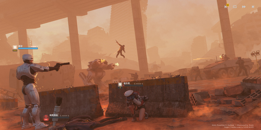 1boy, 2girls, 5others, absurdres, aiming, arm_cannon, artist_name, auto-9