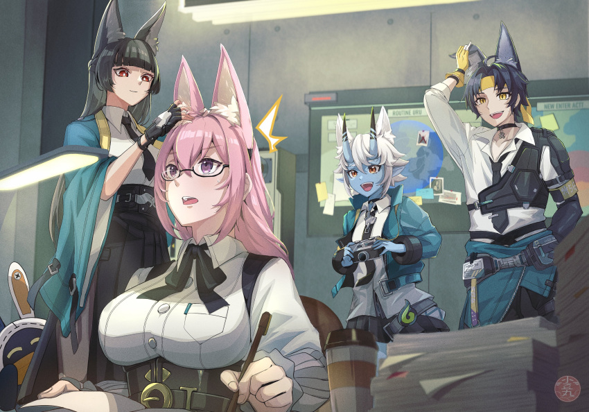 1boy, 3girls, absurdres, animal_ear_fluff, animal_ears, asaba_harumasa, azukimaru, black_gloves