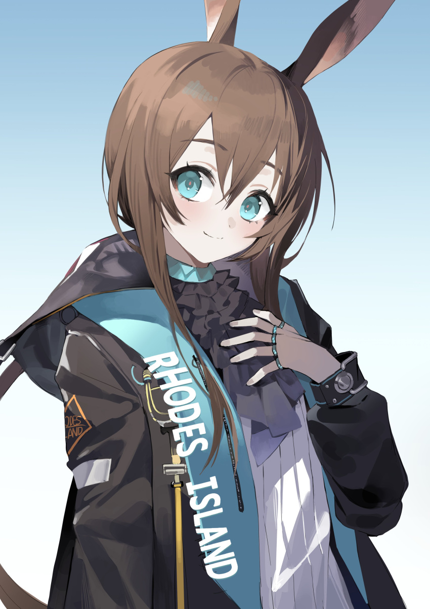 1girl, absurdres, amiya_(arknights), animal_ears, arknights, ascot, black_ascot, black_jacket