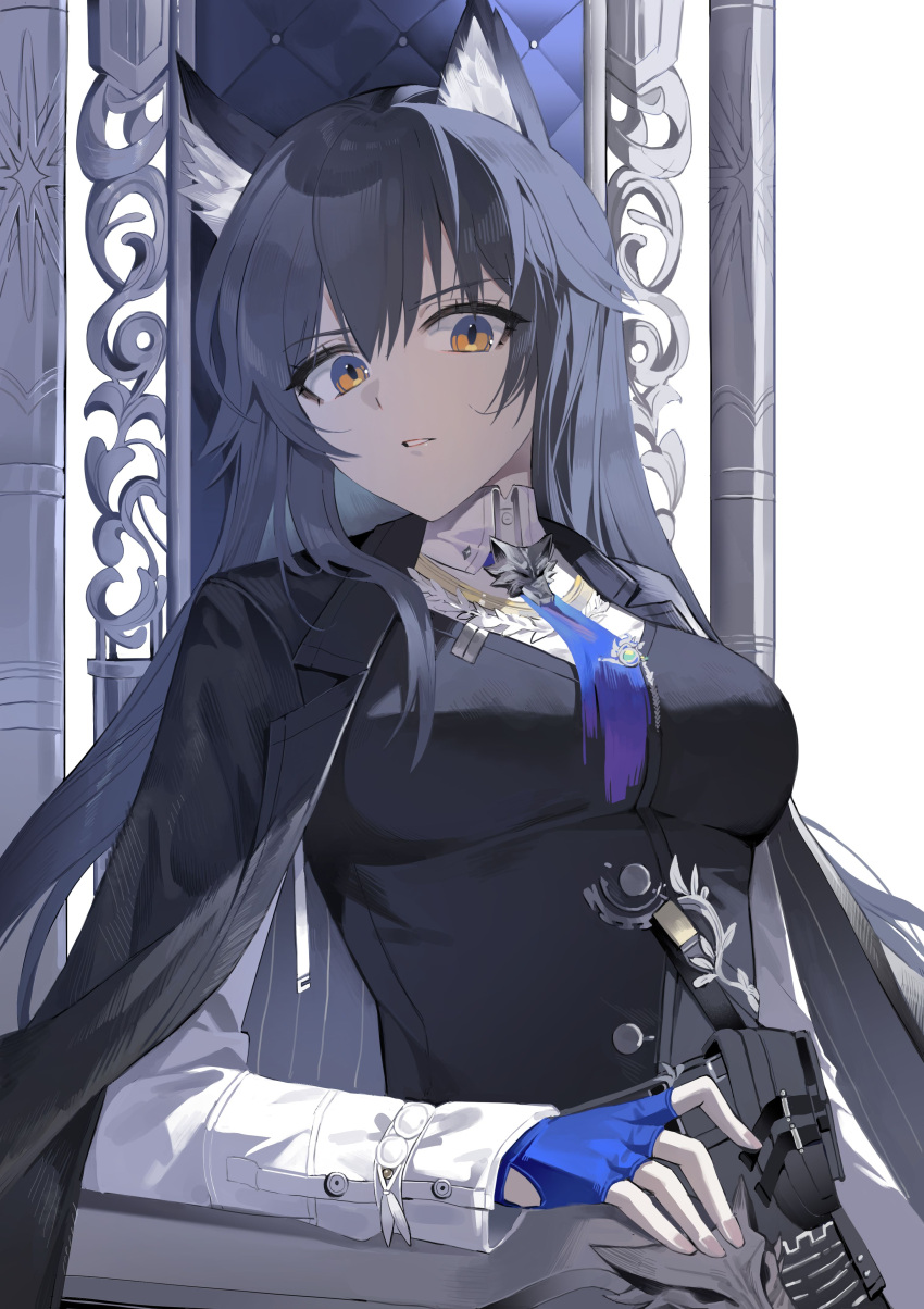 1girl, absurdres, animal_ears, arknights, black_hair, black_jacket, black_vest, blue_gloves