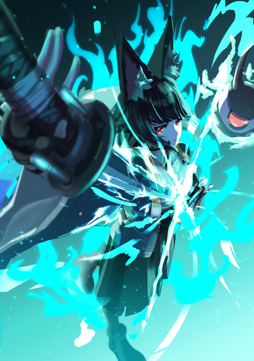 1girl, absurdres, animal_ear_fluff, animal_ears, black_background, black_footwear, black_hair, black_skirt, blue_fire, blunt_bangs, commentary_request, diffraction_spikes, energy, fire, foreshortening, fox_ears, fox_girl, full_body, gradient_background, green_background, grey_jacket, hal-fox, heel_up, highres, holding, holding_sword, holding_weapon, hoshimi_miyabi, jacket, katana, large_ears, long_hair, long_sleeves, looking_at_viewer, looking_to_the_side, parted_lips, partial_commentary, red_eyes, sheath, sideways_glance, skirt, solo, sword, tailless_(zenless_zone_zero), unsheathing, walking, weapon, wide_sleeves, zenless_zone_zero