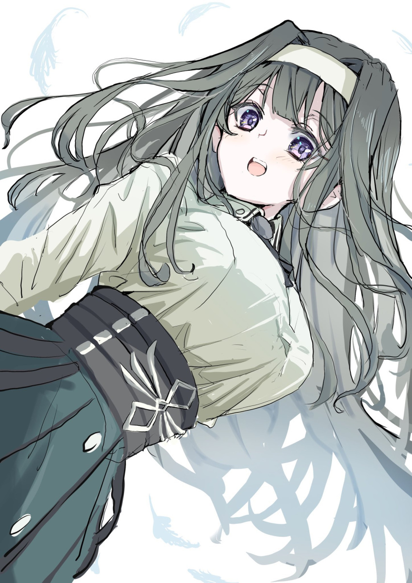 1girl, breasts, duel_monster, dutch_angle, exosister_irene, floating_hair, from_below, green_skirt, grey_hair, hairband, highres, jigenshin, large_breasts, long_hair, shirt, skirt, smile, solo, very_long_hair, violet_eyes, white_background, white_shirt, yu-gi-oh!