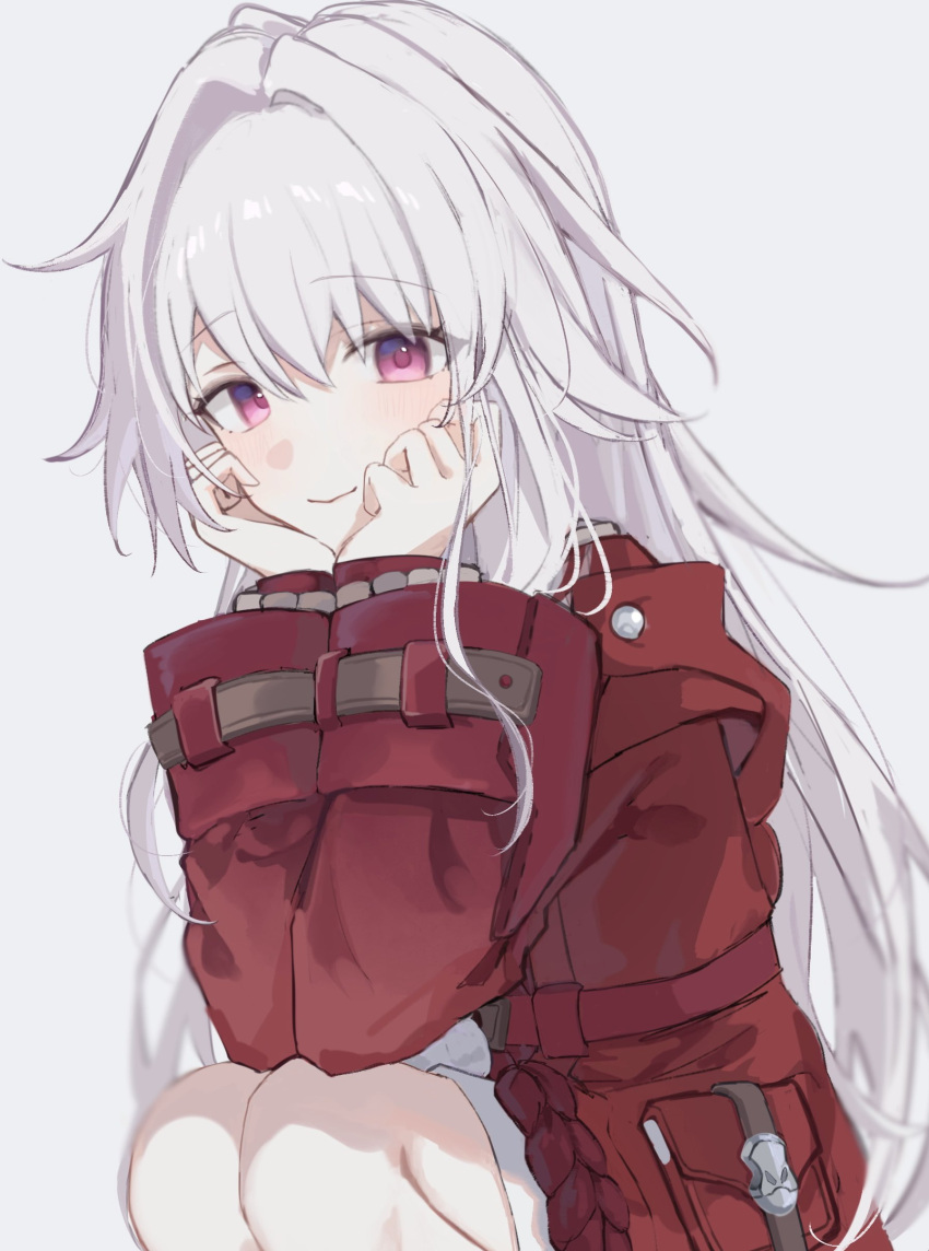 1girl, absurdres, clara_(honkai:_star_rail), head_on_hands, highres, honkai:_star_rail, honkai_(series), jacket, klq_gm, long_hair, long_sleeves, looking_at_viewer, red_eyes, red_jacket, simple_background, smile, solo, squatting, very_long_hair, white_background, white_hair