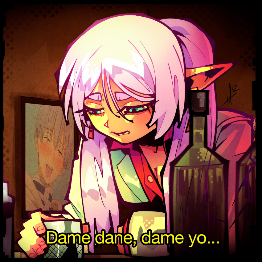 1girl, :d, absurdres, alcohol, alpharecdyt, baka_mitai_(meme), bottle, earrings, frieren, green_eyes, grey_hair, grey_jacket, highres, himmel_(sousou_no_frieren), jacket, jewelry, long_hair, meme, photo_(object), pointy_ears, red_shirt, ryuu_ga_gotoku_(series), sad, shirt, smile, solo, sousou_no_frieren, tongue, tongue_out, twintails