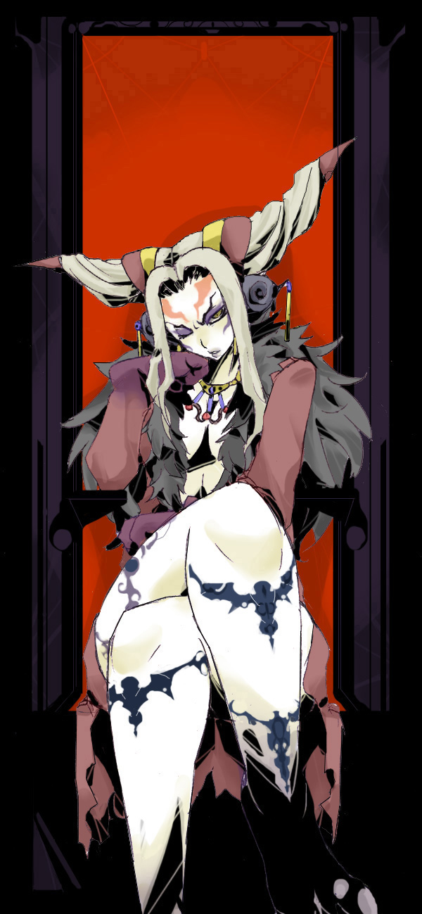 breasts, cleavage, crossed_legs, dissidia_final_fantasy, dress, earrings, facial_mark, final_fantasy