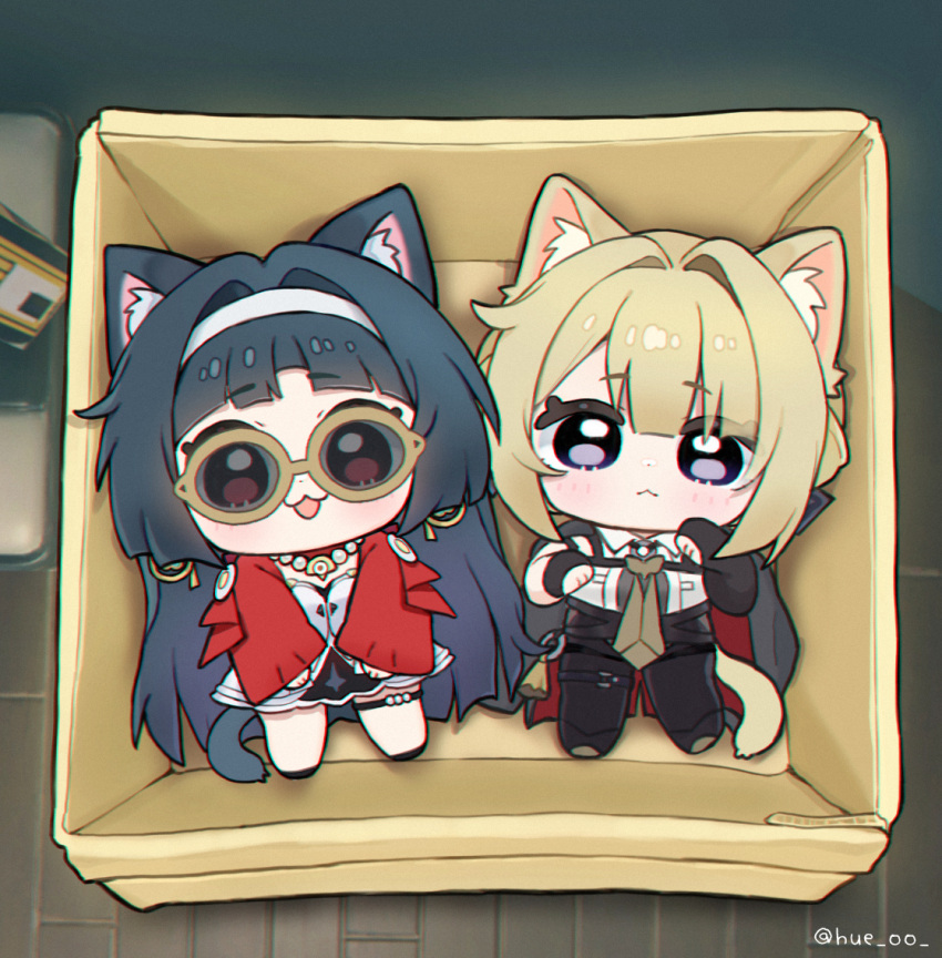2girls, animal_ear_fluff, animal_ears, astra_yao, black_hair, blonde_hair, box, cardboard_box