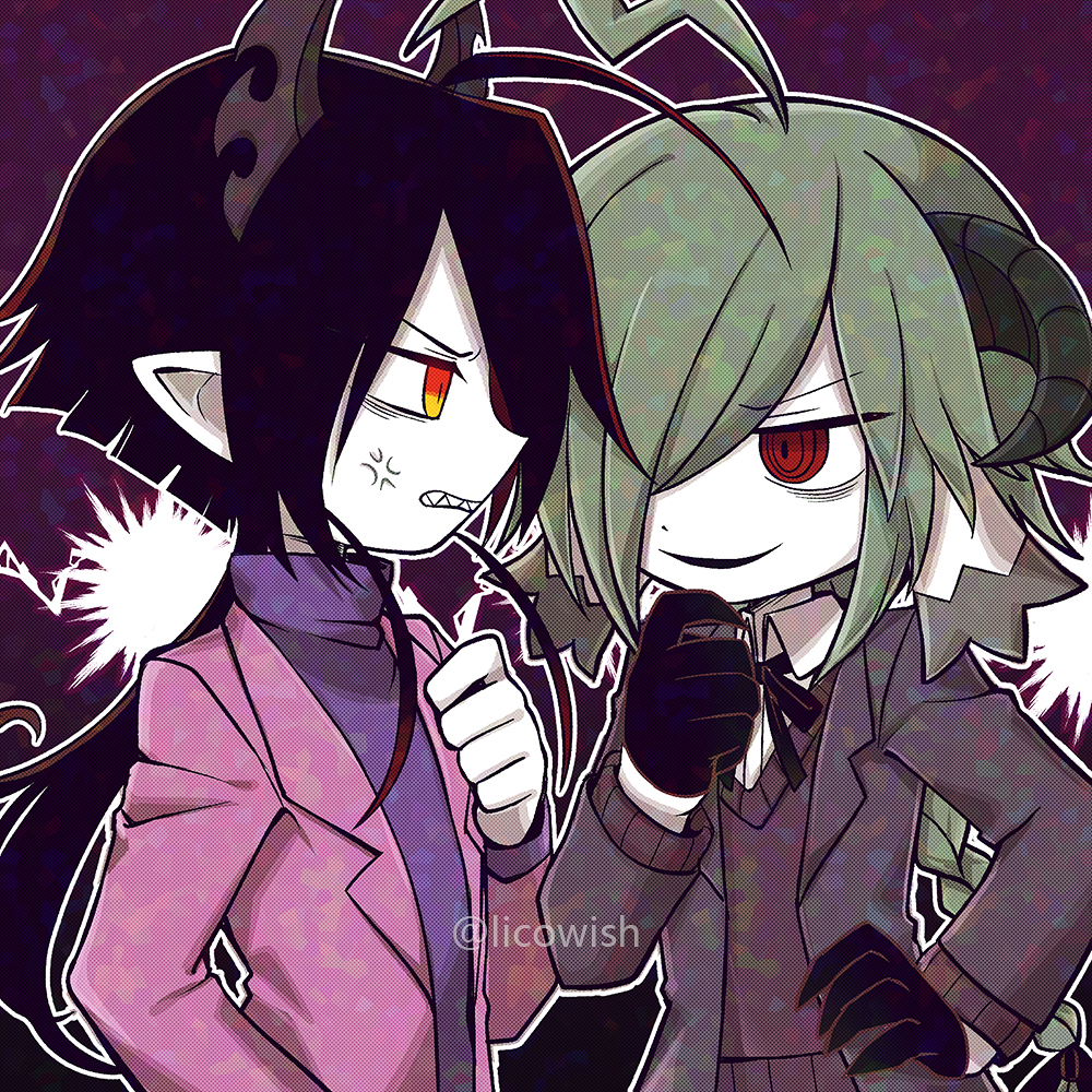 2boys, ahoge, anger_vein, black_gloves, black_hair, black_jacket, black_ribbon, black_vest