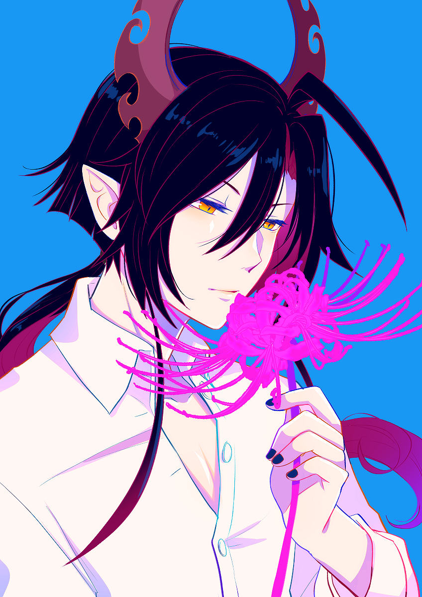 1boy, \||/, ahoge, black_hair, blue_background, buttons, closed_mouth, collared_shirt