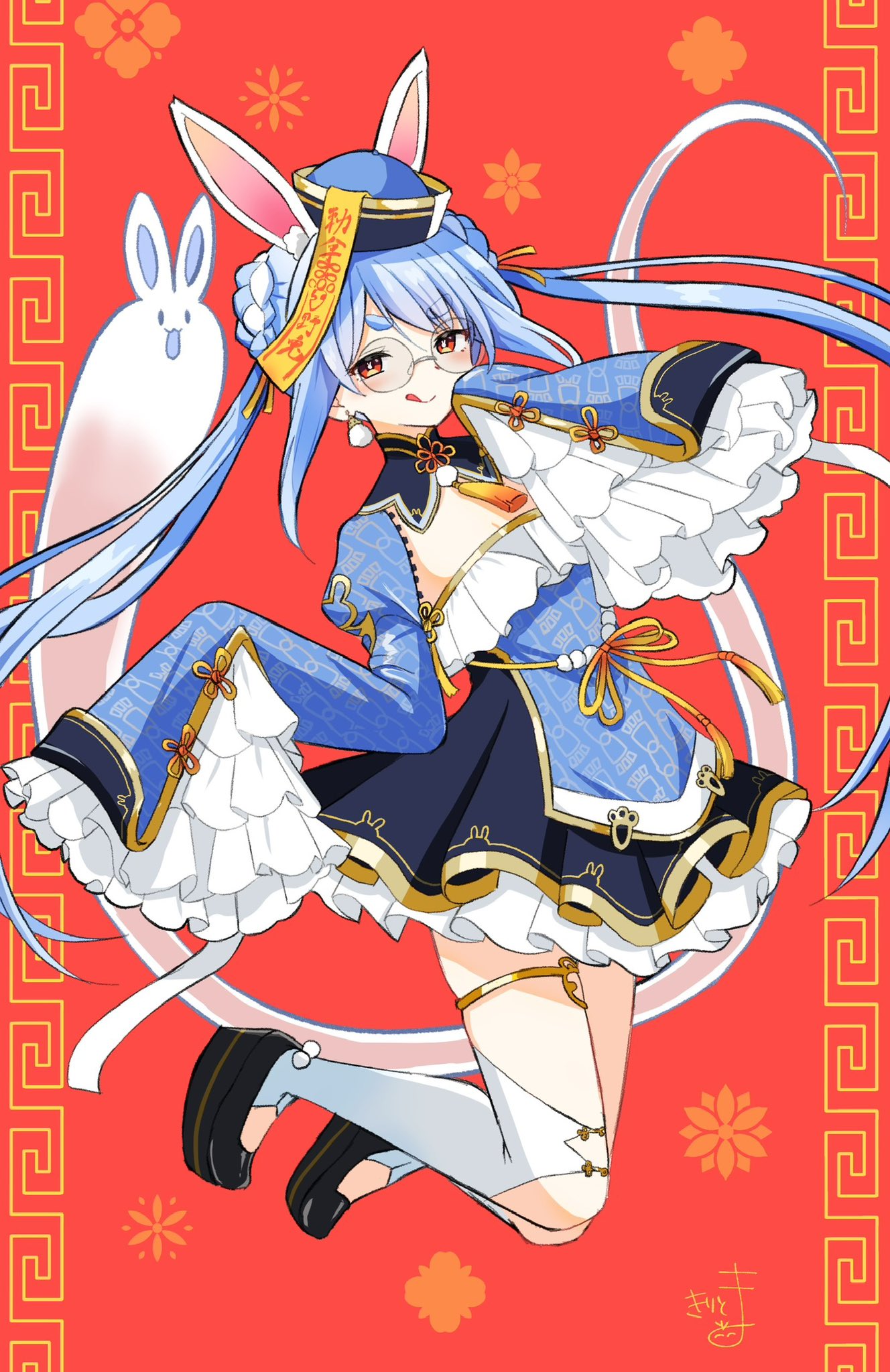 1girl, :q, animal_ear_fluff, animal_ears, black_footwear, blue_dress, blue_hair, blue_hat, braid, braided_bun, carrot_print, chinese_clothes, chinese_knot, commentary_request, detached_collar, detached_sleeves, don-chan_(usada_pekora), double_bun, dress, earrings, extra_ears, floating, food_print, frilled_dress, frilled_skirt, frilled_sleeves, frills, full_body, ghost, gold_thighlet, gold_trim, hair_bun, hair_ribbon, hand_up, hat, highres, hikimayu, hololive, jewelry, jiangshi_costume, juliet_sleeves, kiritoma, layered_dress, layered_skirt, layered_sleeves, legs_up, long_hair, long_sleeves, multicolored_hair, official_alternate_costume, official_alternate_hairstyle, ofuda, platform_footwear, pom_pom_(clothes), pom_pom_earrings, pom_pom_footwear, puffy_sleeves, qingdai_guanmao, rabbit-shaped_pupils, rabbit_ears, rabbit_girl, red_background, red_eyes, ribbon, round_eyewear, short_dress, short_eyebrows, sidelocks, signature, skirt, sleeves_past_wrists, string_belt, symbol-shaped_pupils, tassel, teeth, thick_eyebrows, thigh-highs, tongue, tongue_out, twintails, two-tone_hair, usada_pekora, usada_pekora_(10th_costume), very_long_hair, virtual_youtuber, white_hair, white_thighhighs, wide_sleeves