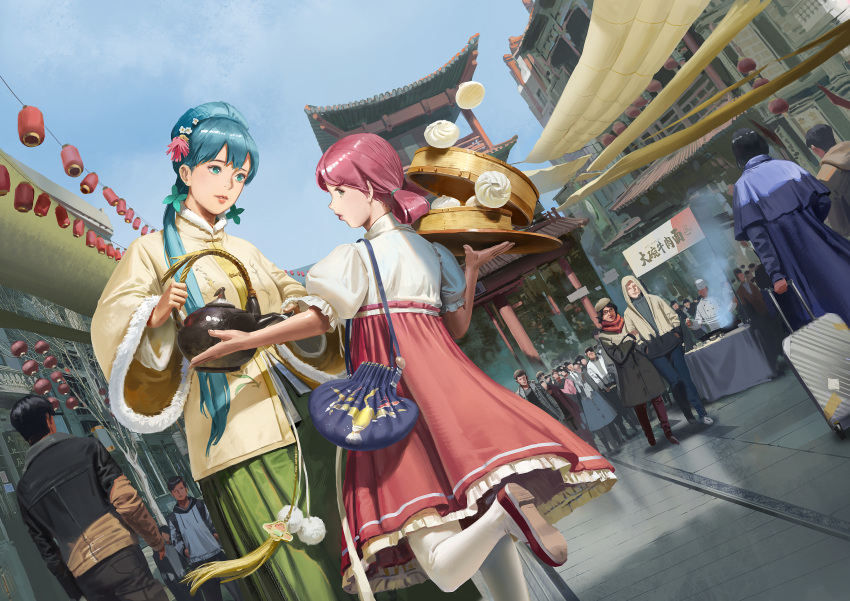 2girls, absurdres, aqua_eyes, aqua_hair, architecture, bag, baozi, blue_hair