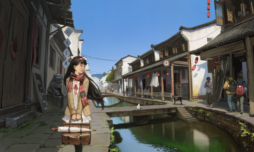 1girl, bag, black_hair, cat, day, dress, highres, jeanex