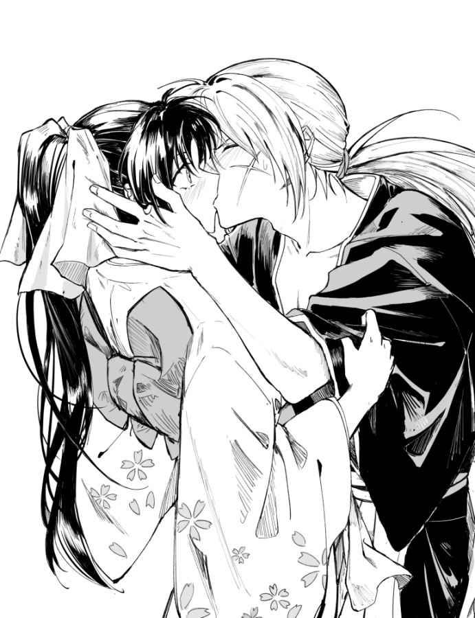 1boy, 1girl, blush, closed_eyes, collarbone, couple, cowboy_shot, cross_scar, floral_print, floral_print_kimono, geolu, greyscale, hair_ribbon, hakama, hakama_pants, hand_on_another's_head, hetero, high_ponytail, himura_kenshin, japanese_clothes, kamiya_kaoru, kimono, kiss, looking_at_another, low_ponytail, monochrome, pants, print_kimono, ribbon, rurouni_kenshin, sash, scar, scar_on_cheek, scar_on_face, white_background, wide_sleeves