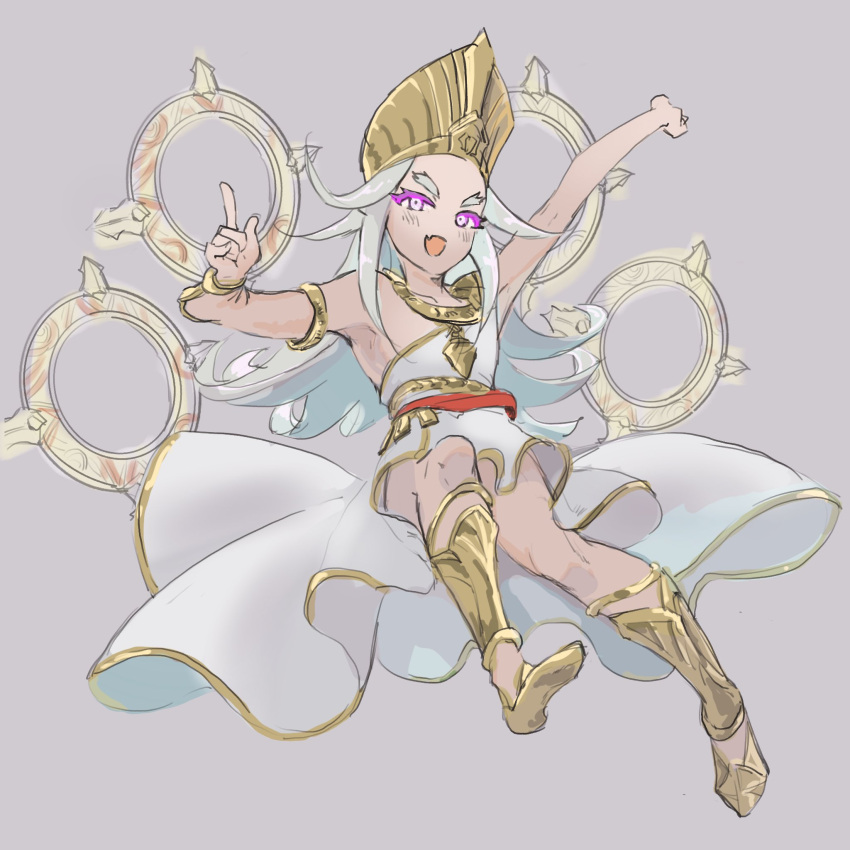 1girl, :d, \m/, arm_guards, armlet, armpits, boots, breasts
