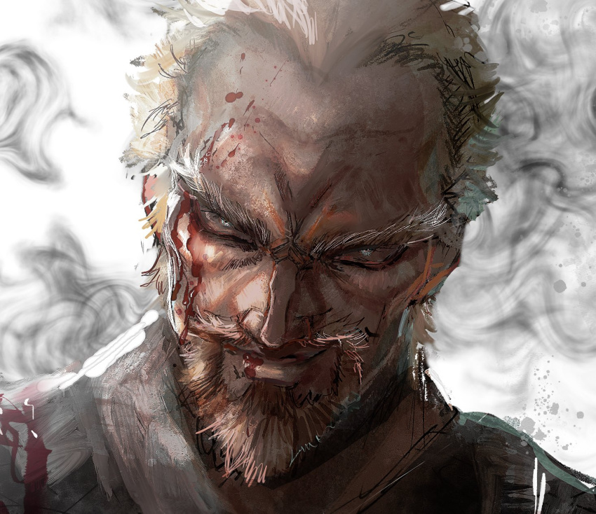 1boy, askeladd, beard, blonde_hair, blood, blood_on_face, close-up, commentary, facial_hair, hanpen_kounaien, highres, looking_at_viewer, male_focus, smile, smoke, solo, splatter, vinland_saga