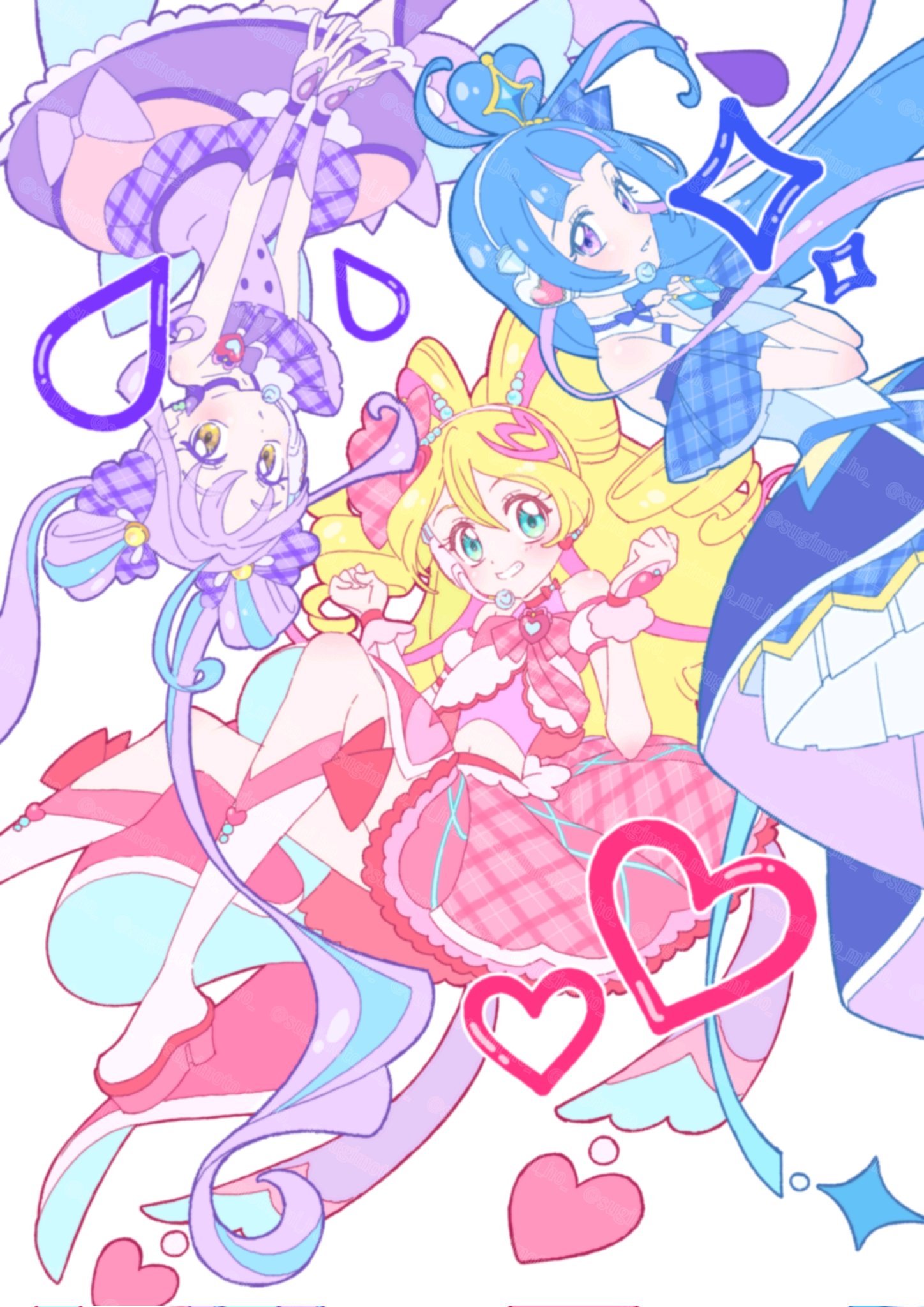 3girls, ahoge, aokaze_nana, blonde_hair, blue_dress, blue_eyes, blue_hair, boots, bow, bow_choker, choker, cure_idol, cure_kyunkyun, cure_wink, detached_sleeves, double_bun, dress, drill_hair, flat_chest, flat_color, floating, foot_out_of_frame, hair_between_eyes, hair_bow, hair_bun, hands_on_own_chest, hands_up, highres, light_smile, long_dress, long_hair, looking_at_viewer, magical_girl, multicolored_hair, multiple_girls, parted_lips, pink_bow, pink_choker, pink_dress, pink_footwear, pink_hair, plaid_bow, plaid_clothes, plaid_sleeves, precure, purple_bow, purple_dress, purple_hair, sakura_uta_(precure), shigure_kokoro, simple_background, sleeveless, sleeveless_dress, smile, straight_hair, sugimoto_miho, teeth, twin_drills, twintails, two-tone_hair, upper_body, upside-down, very_long_hair, violet_eyes, white_background, yellow_eyes, you_and_idol_precure