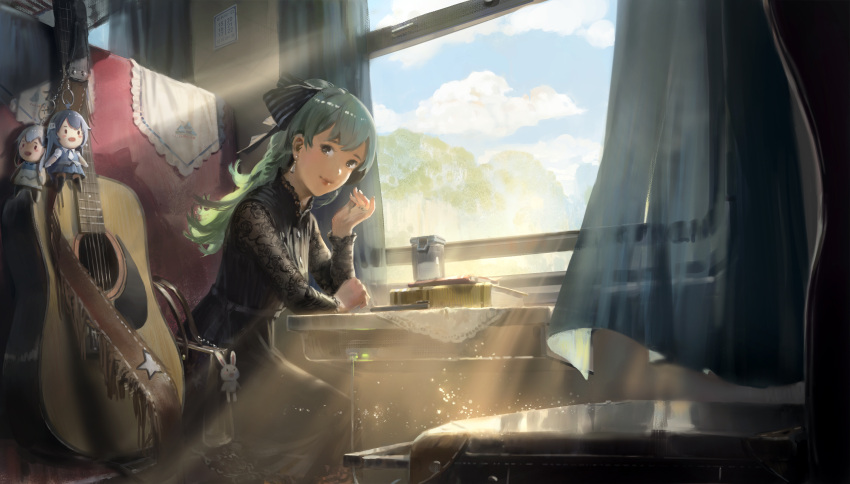 1girl, black_bow, black_dress, bow, brown_eyes, cangqiong, chair, character_doll
