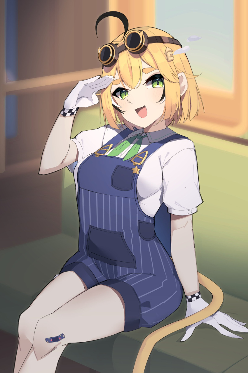 1girl, absurdres, ahoge, blonde_hair, blue_overalls, breasts, checkered_gloves, checkered_wristband